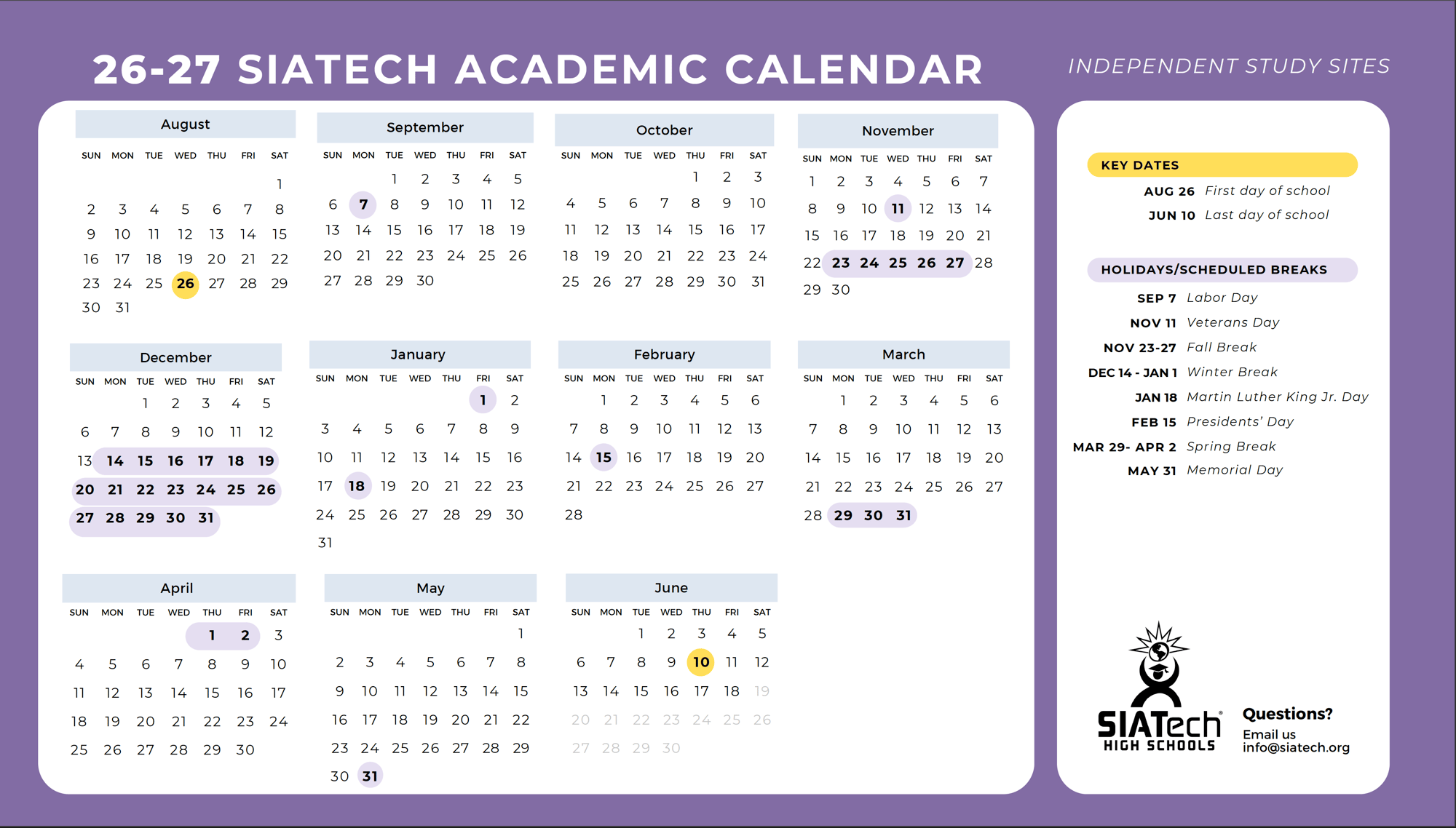 SIATech 2026-2027 academic cal IS