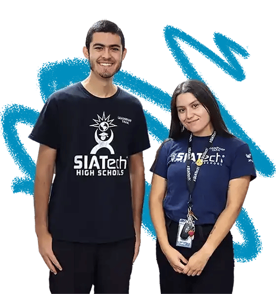 Two students from SIATech High School standing side by side, wearing branded t-shirts