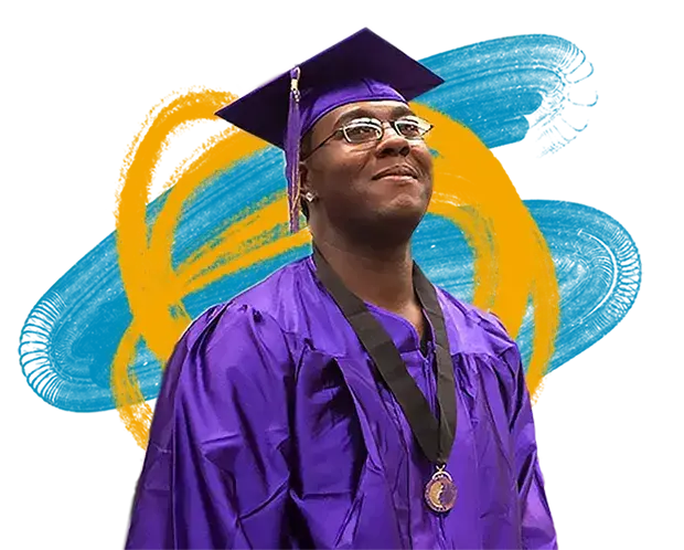 SIATech high school graduate wearing purple graduation gown