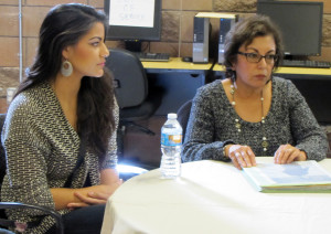 The late author's daughter, Marina, and wife, Flora, talk with students about the book.