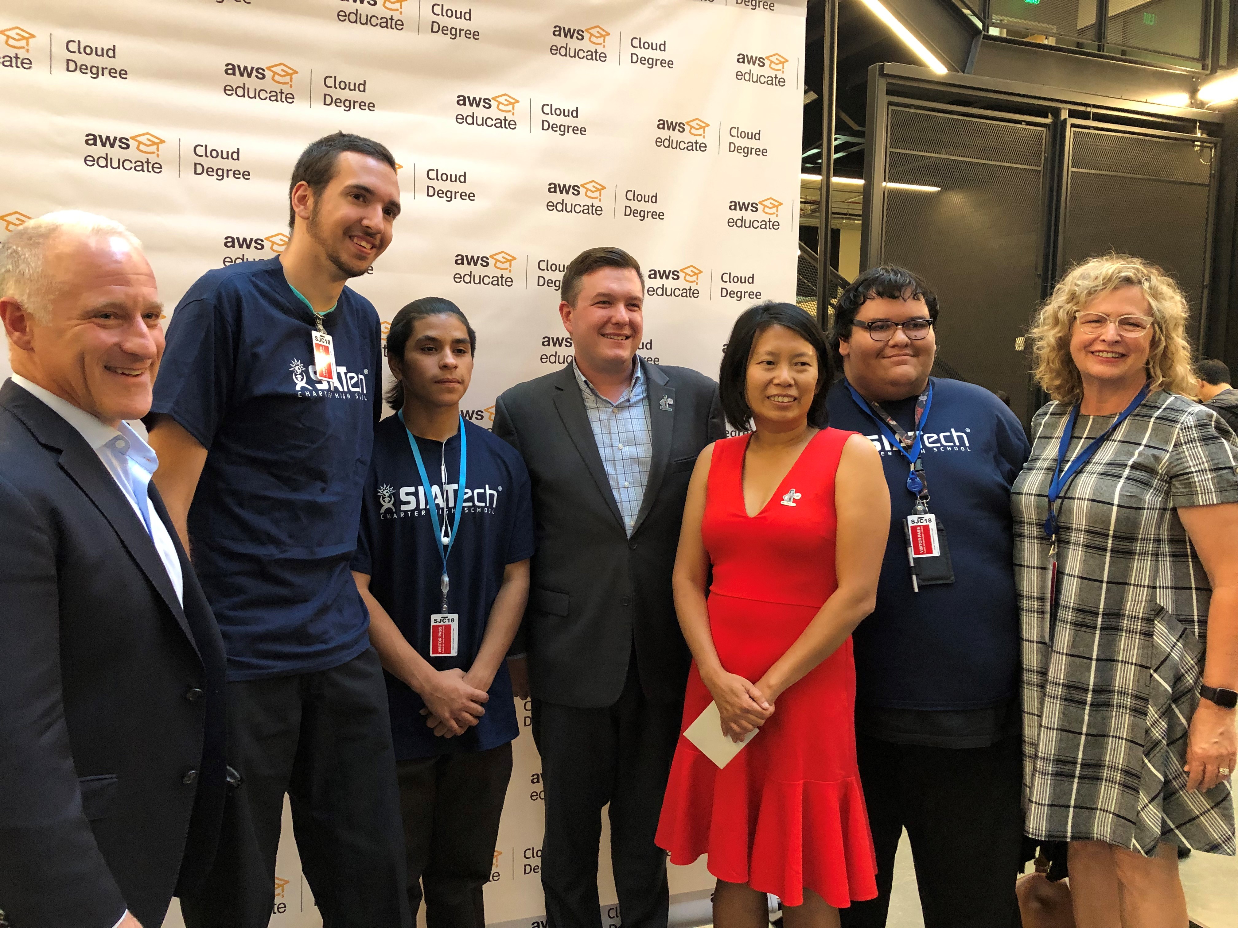 SIATech students and Chief Development Officer Laurie Pianka (far right) at launch of this new regional consortium to prepare students for jobs in one of the fastest-growing, highest paying areas in tech: cloud computing.